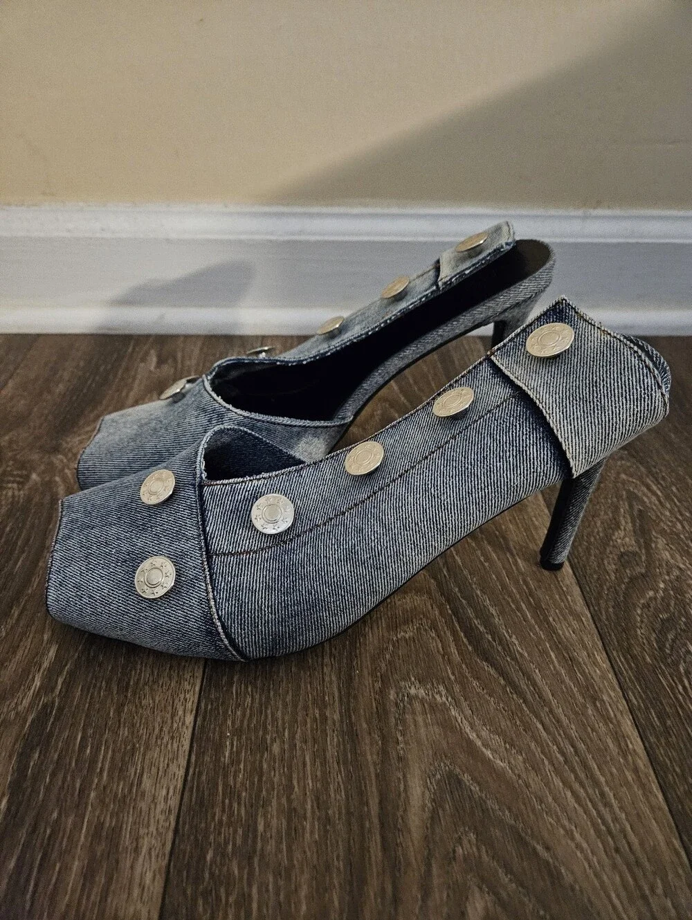 Fashion Nova Denim Button Peep-Toe Heels - Blue, Size 10